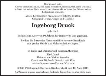 Todesanzeige von Ingeborg Druck von SAARBRÜCKER ZEITUNG