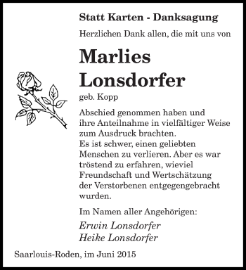 Todesanzeige von Marlies Lonsdorfer von saarbruecker_zeitung