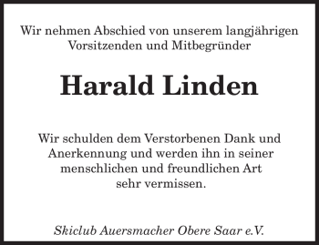Todesanzeige von Harald Linden von SAARBRÜCKER ZEITUNG