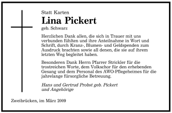 Todesanzeige von Lina Pickert von SAARBRÜCKER ZEITUNG