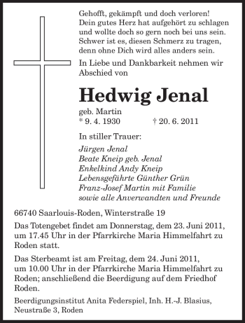 Todesanzeige von Hedwig Jenal von SAARBRÜCKER ZEITUNG