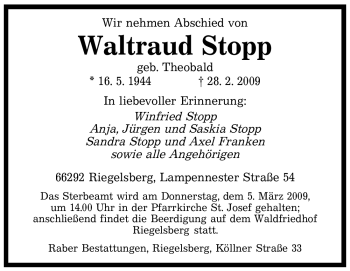 Todesanzeige von Waltraud Stopp von SAARBRÜCKER ZEITUNG