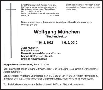 Todesanzeige von Wolfgang München von SAARBRÜCKER ZEITUNG