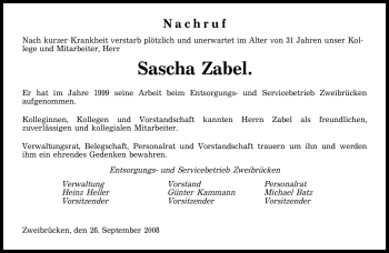 Todesanzeige von Sascha Zabel von SAARBRÜCKER ZEITUNG