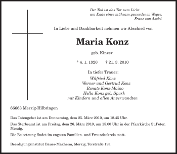 Todesanzeige von Maria Konz von SAARBRÜCKER ZEITUNG