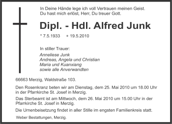 Todesanzeige von Alfred Junk von SAARBRÜCKER ZEITUNG