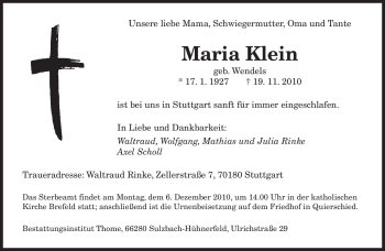 Todesanzeige von Maria Klein von SAARBRÜCKER ZEITUNG