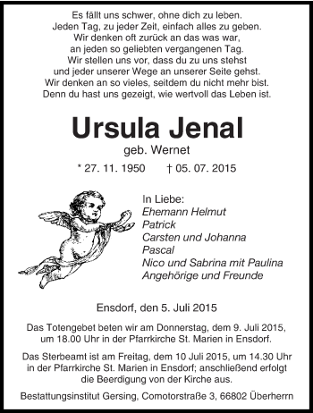 Todesanzeige von Ursula Jenal von saarbruecker_zeitung