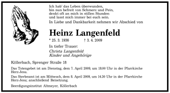 Todesanzeige von Heinz Langenfeld von SAARBRÜCKER ZEITUNG