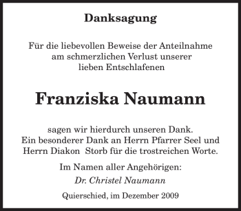 Todesanzeige von Franziska Naumann von SAARBRÜCKER ZEITUNG