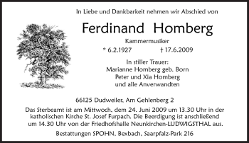 Todesanzeige von Ferdinand Homberg von SAARBRÜCKER ZEITUNG