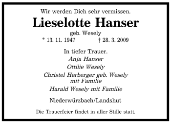 Todesanzeige von Lieselotte Hanser von SAARBRÜCKER ZEITUNG