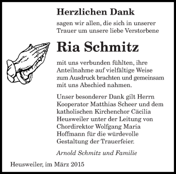 Todesanzeige von Ria Schmitz von saarbruecker_zeitung