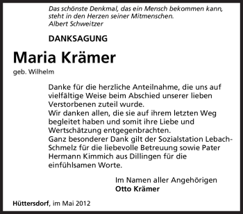 Todesanzeige von Maria Krämer von SAARBRÜCKER ZEITUNG