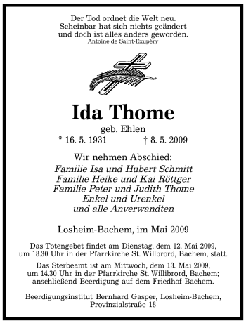 Todesanzeige von Ida Thome von SAARBRÜCKER ZEITUNG