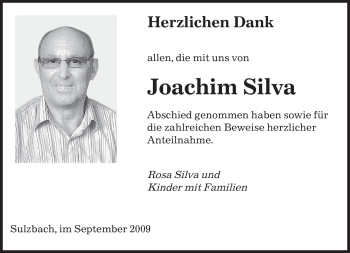 Todesanzeige von Joachim Silva von SAARBRÜCKER ZEITUNG