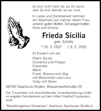 Todesanzeige von Frieda Sicilia von saarbruecker_zeitung