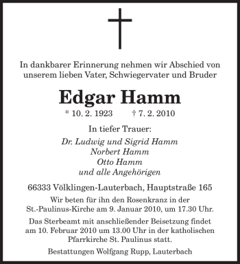 Todesanzeige von Edgar Hamm von SAARBRÜCKER ZEITUNG
