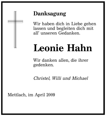 Todesanzeige von Leonie Hahn von SAARBRÜCKER ZEITUNG