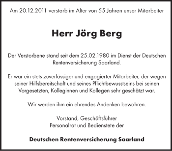 Todesanzeige von Jörg Berg von SAARBRÜCKER ZEITUNG