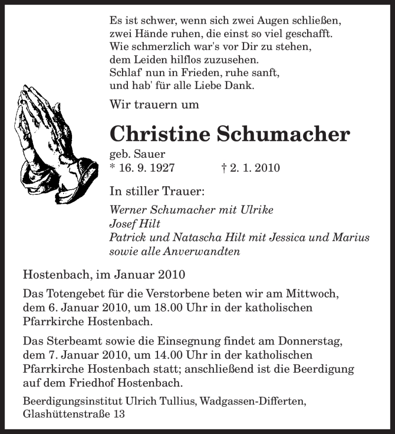 Traueranzeigen von Christine Schumacher | Trauer.de