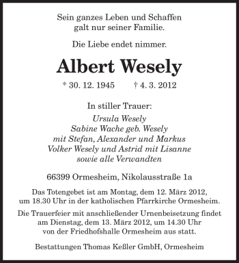 Todesanzeige von Albert Wesely von SAARBRÜCKER ZEITUNG