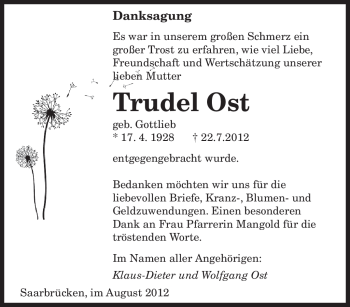 Todesanzeige von Trudel Ost von SAARBRÜCKER ZEITUNG