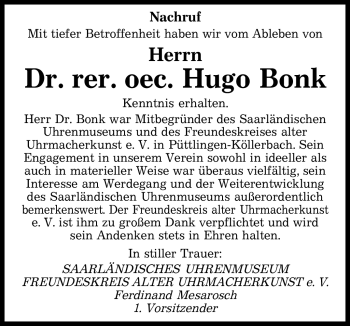 Todesanzeige von Hugo Bonk von SAARBRÜCKER ZEITUNG