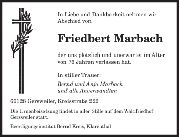 Todesanzeige von Friedbert Marbach von SAARBRÜCKER ZEITUNG