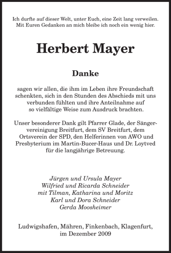 Todesanzeige von Herbert Mayer von SAARBRÜCKER ZEITUNG