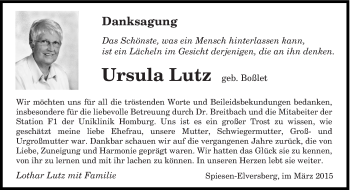Todesanzeige von Ursula Lutz von saarbruecker_zeitung