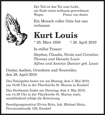 Todesanzeige von Kurt Louis von SAARBRÜCKER ZEITUNG