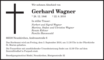 Todesanzeige von Gerhard Wagner von SAARBRÜCKER ZEITUNG