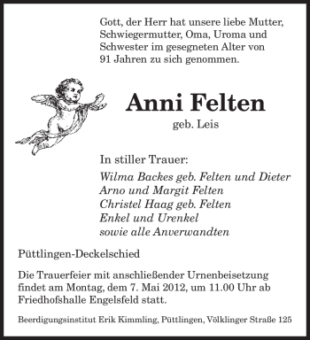 Todesanzeige von Anni Felten von SAARBRÜCKER ZEITUNG