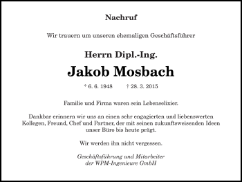 Todesanzeige von Jakob Mosbach von saarbruecker_zeitung