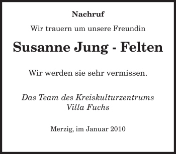 Todesanzeige von Susanne Jung - Felten von SAARBRÜCKER ZEITUNG