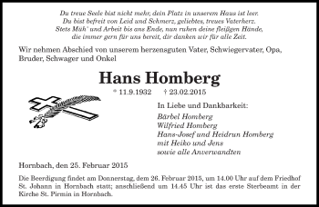 Todesanzeige von Hans Homberg von saarbruecker_zeitung