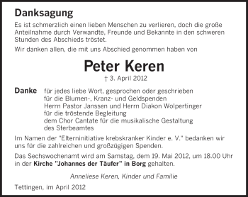 Todesanzeige von Peter Keren von SAARBRÜCKER ZEITUNG