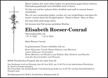 Todesanzeige von Elisabeth Roeser-Conrad von SAARBRÜCKER ZEITUNG