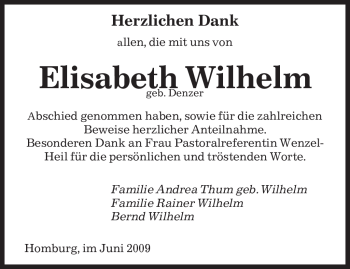 Todesanzeige von Elisabeth Wilhelm von SAARBRÜCKER ZEITUNG