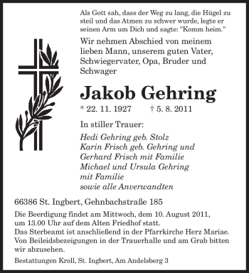 Todesanzeige von Jakob Gehring von SAARBRÜCKER ZEITUNG
