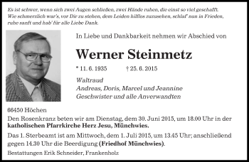 Todesanzeige von Werner Steinmetz von saarbruecker_zeitung