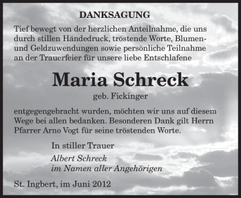 Todesanzeige von Maria Schreck von SAARBRÜCKER ZEITUNG