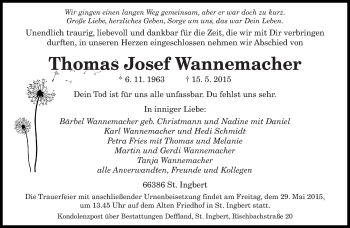 Todesanzeige von Thomas Josef Wannemacher von saarbruecker_zeitung