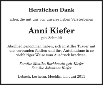 Todesanzeige von Anni Kiefer von SAARBRÜCKER ZEITUNG
