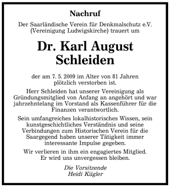 Todesanzeige von Karl August Schleiden von SAARBRÜCKER ZEITUNG