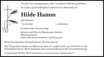 Todesanzeige von Hilde Hamm von SAARBRÜCKER ZEITUNG