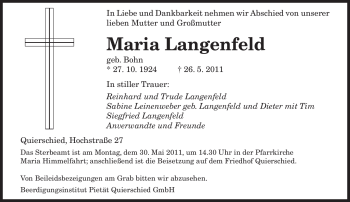 Todesanzeige von Maria Langenfeld von SAARBRÜCKER ZEITUNG