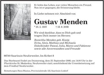 Todesanzeige von Gustav Menden von SAARBRÜCKER ZEITUNG