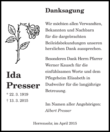 Todesanzeige von Ida Presser von saarbruecker_zeitung